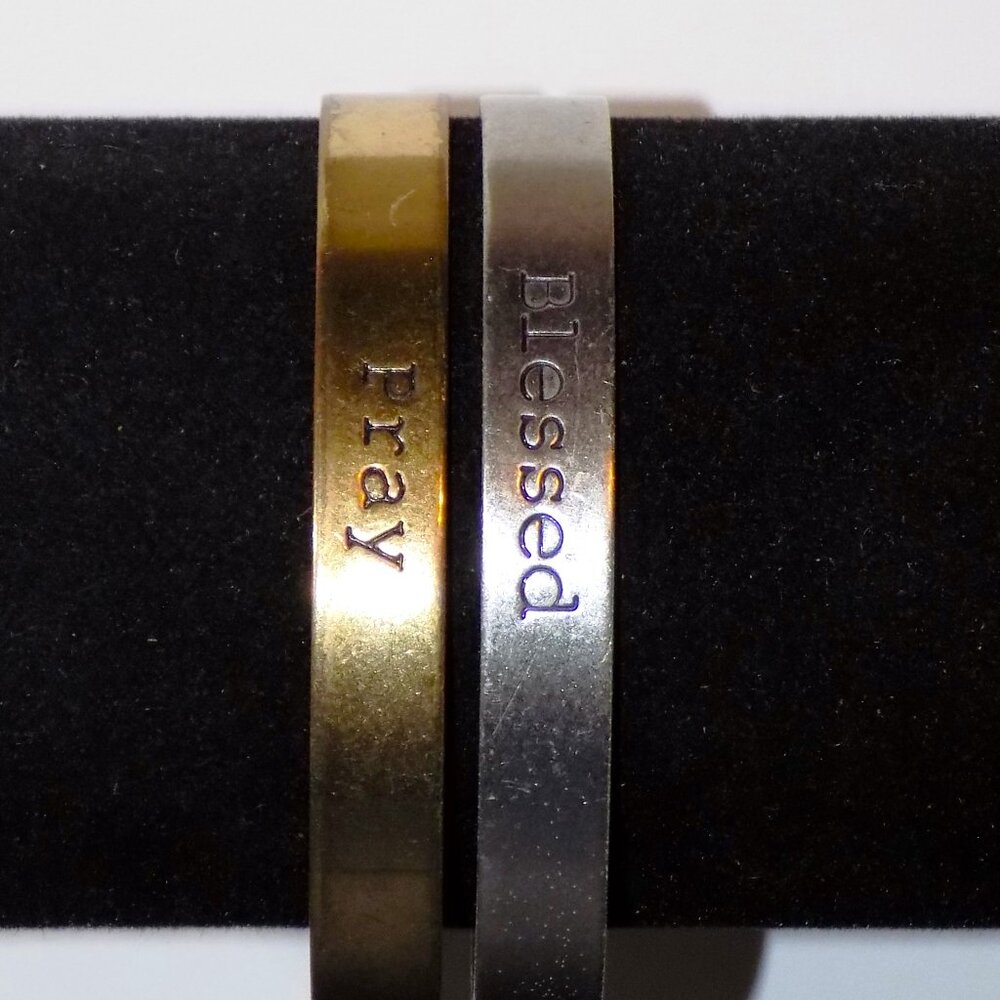 Plunder Set of 2 Vintage Pray & Blessed Metal Wrist Band Bracelets Bundle